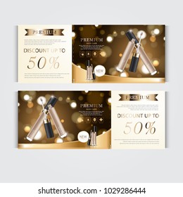 Gift voucher hydrating facial concealer for annual sale or festival sale. brown and gold concealer mask bottle isolated on glitter particles background. Banner graceful cosmetic ads, illustration.