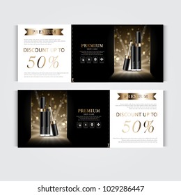 Gift voucher hydrating facial concealer for annual sale or festival sale. black and gold concealer mask bottle isolated on glitter particles background. Banner graceful cosmetic ads, illustration.