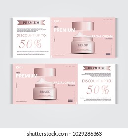 Gift voucher hydrating facial cream for annual sale or festival sale. red and gold cream mask bottle isolated on glitter particles background. Banner graceful cosmetic ads, illustration.