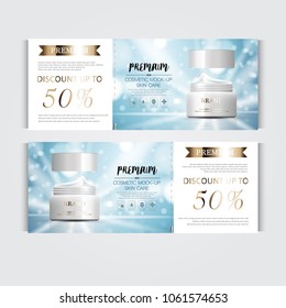 Gift voucher hydrating facial cream for annual sale or festival sale. white and gold cream mask bottle isolated on glitter particles background. Banner graceful cosmetic ads, illustration.