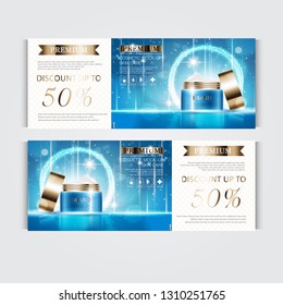 Gift voucher hydrating facial cream for annual sale or festival sale. blue and gold cream mask bottle isolated on glitter particles background. Banner graceful cosmetic ads, illustration.