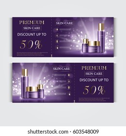 Gift voucher hydrating facial cream for annual sale or festival sale. purple and gold cream mask bottle isolated on glitter particles background. Banner graceful cosmetic ads, illustration.