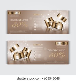 Gift voucher hydrating facial cream for annual sale or festival sale. gold cream mask bottle isolated on glitter particles background. Banner graceful cosmetic ads, illustration.