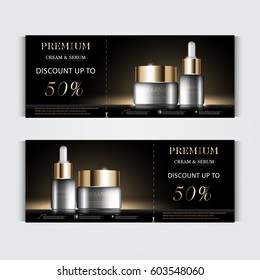 Gift voucher hydrating facial cream for annual sale or festival sale. silver and gold cream mask bottle isolated on glitter particles background. Banner graceful cosmetic ads, illustration.