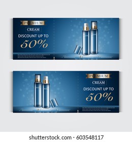 Gift voucher hydrating facial cream for annual sale or festival sale. blue and gold cream mask bottle isolated on glitter particles background. Banner graceful cosmetic ads, illustration.