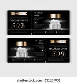 Gift voucher hydrating facial cream for annual sale or festival sale. white and gold cream mask bottle isolated on glitter particles background. Banner graceful cosmetic ads, illustration.