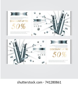 Gift voucher hydrating facial cream for annual sale or festival sale. green and gold cream mask bottle isolated on glitter particles background. Banner graceful cosmetic ads, illustration.