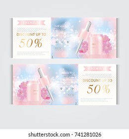 Gift voucher hydrating facial cream for annual sale or festival sale. pink and gold cream mask bottle isolated on glitter particles background. Banner graceful cosmetic ads, illustration.