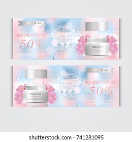 Gift voucher hydrating facial cream for annual sale or festival sale. pink and gold cream mask bottle isolated on glitter particles background. Banner graceful cosmetic ads, illustration.