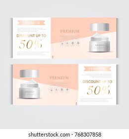 Gift voucher hydrating facial cream for annual sale or festival sale. white and gold cream mask bottle isolated on glitter particles background. Banner graceful cosmetic ads, illustration.