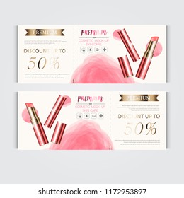 Gift voucher hydrating facial lipstick for annual sale or festival sale. red and gold lipstick mask bottle isolated on glitter particles background. Banner graceful cosmetic ads, illustration.