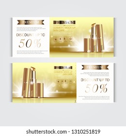 Gift voucher hydrating facial lipstick for annual sale or festival sale. brown and gold lipstick mask bottle isolated on glitter particles background. Banner graceful cosmetic ads, illustration.