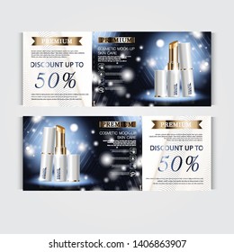 Gift voucher hydrating facial lipstick for annual sale or festival sale. white and gold lipstick mask bottle isolated on glitter particles background. Banner graceful cosmetic ads, illustration.