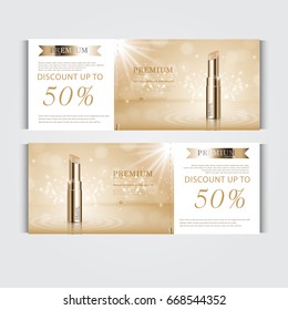Gift voucher hydrating facial lipstick for annual sale or festival sale. gold lipstick mask bottle isolated on glitter particles background. Banner graceful cosmetic ads, illustration.