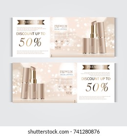 Gift voucher hydrating facial lipstick for annual sale or festival sale. brown and gold lipstick mask bottle isolated on glitter particles background. Banner graceful cosmetic ads, illustration.