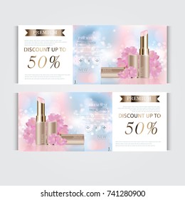 Gift voucher hydrating facial lipstick for annual sale or festival sale. pink and gold lipstick mask bottle isolated on glitter particles background. Banner graceful cosmetic ads, illustration.