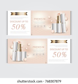 Gift voucher hydrating facial lipstick for annual sale or festival sale. white and gold lipstick mask bottle isolated on glitter particles background. Banner graceful cosmetic ads, illustration.