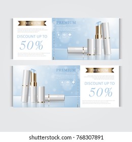 Gift voucher hydrating facial lipstick for annual sale or festival sale. white and gold lipstick mask bottle isolated on glitter particles background. Banner graceful cosmetic ads, illustration.