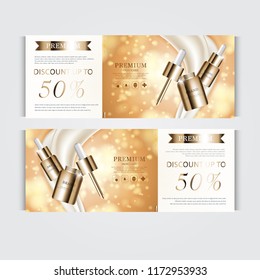 Gift voucher hydrating facial serum for annual sale or festival sale. silver and gold serum mask bottle isolated on glitter particles background. Banner graceful cosmetic ads, illustration.