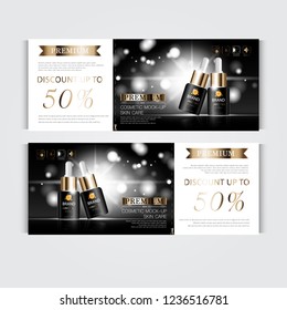 Gift voucher hydrating facial serum for annual sale or festival sale. black and gold serum mask bottle isolated on glitter particles background. Banner graceful cosmetic ads, illustration.