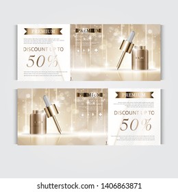 Gift voucher hydrating facial serum for annual sale or festival sale. brown and gold serum mask bottle isolated on glitter particles background. Banner graceful cosmetic ads, illustration.