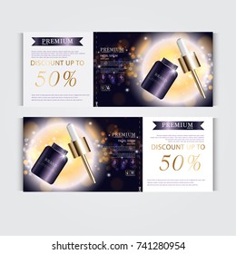 Gift voucher hydrating facial serum for annual sale or festival sale. purple and gold serum mask bottle isolated on glitter particles background. Banner graceful cosmetic ads, illustration.