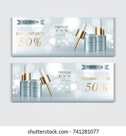 Gift voucher hydrating facial serum for annual sale or festival sale. blue and gold serum mask bottle isolated on glitter particles background. Banner graceful cosmetic ads, illustration.