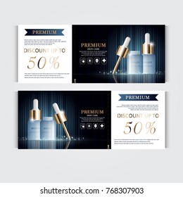 Gift voucher hydrating facial serum for annual sale or festival sale. blue and gold serum mask bottle isolated on glitter particles background. Banner graceful cosmetic ads, illustration.