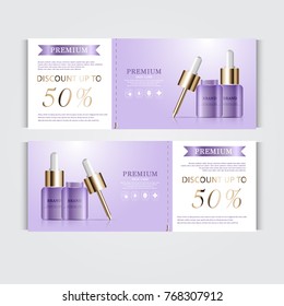 Gift voucher hydrating facial serum for annual sale or festival sale. purple and gold serum mask bottle isolated on glitter particles background. Banner graceful cosmetic ads, illustration.