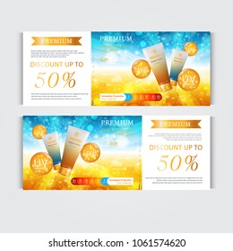 Gift voucher hydrating facial sunscreen for annual sale or festival sale. blue and orange sunscreen mask bottle isolated on glitter particles background. Banner graceful cosmetic ads, illustration.