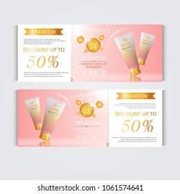 Gift voucher hydrating facial sunscreen for annual sale or festival sale. orange and pink sunscreen mask bottle isolated on glitter particles background. Banner graceful cosmetic ads, illustration.