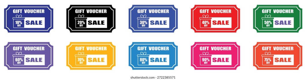 Conjunto de etiquetas de vales de regalo que muestran porcentajes de descuento de venta, insignias de Cupón coloridas para ofertas minoristas, promociones y ofertas de compras.
