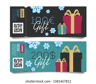 Gift voucher layout template with monetary award and gift boxes in winter snowflakes illustration. Special offer for the customer.