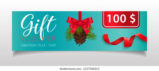 Gift Voucher lettering with fir-tree cone and ribbons. Christmas gift voucher design. Handwritten and typed text, calligraphy. For leaflets, brochures, invitations, posters or banners.