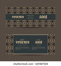 Gift voucher with luxury design. Vector template for coupon or discount card. Golden and black tickets.