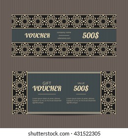 Gift voucher with luxury design. Vector template for coupon or discount card. Golden and black tickets.