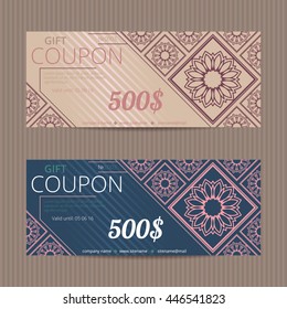 Gift voucher with luxury design. Vector template for coupon or discount card. Tickets with abstract floral tiles. Sale layouts.