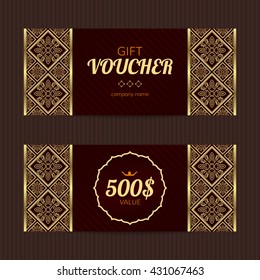 Gift voucher with luxury elegant design. Vector template for coupon or discount card. Golden tickets.