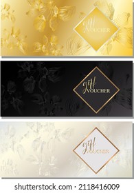 Gift voucher luxury. Iris flowers Templates: Line art design. Vector Abstract background with metallic frame. Floral Outline drawing black,gold and silver background. 