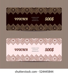 Gift voucher in luxury style. Vector discount card. Lacy floral tiles. Golden ornament.