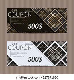 Gift voucher in luxury style. Vector discount card. Art Deco tiles. Golden and silver ornament.