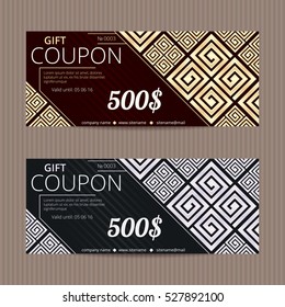 Gift voucher in luxury style. Vector discount card. Greek meander tiles. Golden and silver ornament
