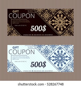 Gift voucher in luxury style. Vector discount card. Lacy floral tiles. Golden ornament.
