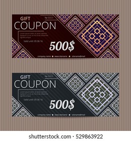 Gift voucher in luxury style. Vector discount card. Art Deco tiles. Golden and silver ornament.