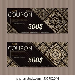 Gift voucher in luxury style. Vector discount card. Lacy floral tiles. Golden tiled ornament.