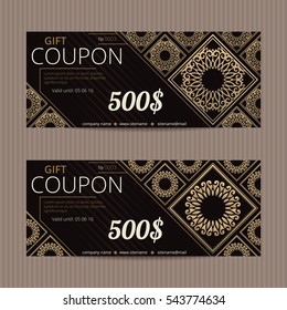 Gift voucher in luxury style. Vector discount card. Lacy floral tiles. Golden tiled ornament