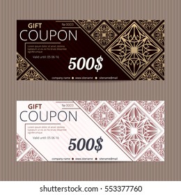 Gift voucher in luxury style. Vector discount card. Lacy floral tiles. Golden tiled ornament
