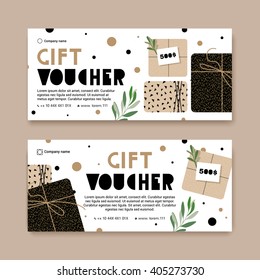 Gift Voucher With A Modern Style With Kraft Boxes. Hipster Style Certificate For My Birthday. Gift Box With A Plant.
