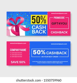 Gift Voucher. Money Certificate Cards, Cashback Coupon With Code. Birthday Present Vip Gifting Vouchers, Sale Ticket Flyer Vector Holiday Banner Promotion Template