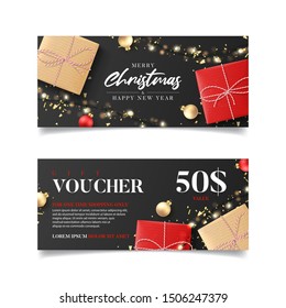 Gift voucher for New Year and Christmas sale. Vector illustration with realistic gift boxes, light garlands, Christmas balls and confetti. Design of discount coupon usable for invitations or tickets.